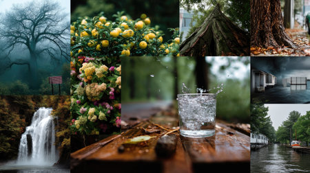 A captivating collage showcasing serene landscapes, vibrant flowers, rushing waterfalls, majestic trees, and a refreshing drink, ideal for nature lovers.の素材