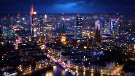 A breathtaking aerial view showcases the vibrant Frankfurt skyline at night, featuring illuminated buildings reflected in the river, perfect for city lovers.の素材
