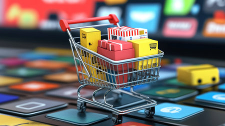 A vivid shopping cart filled with colorful boxes sits atop a digital device background, symbolizing the hustle of online shopping and retail technology.の素材