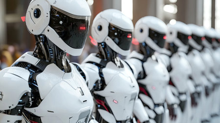 A captivating display of futuristic robots lined up in a sleek exhibition hall, showcasing cutting-edge technology and advanced design concepts for artificial intelligence.の素材