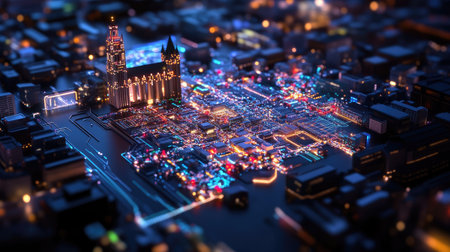 A captivating aerial view of a vibrant nighttime cityscape illuminated by colorful lights. The scene showcases modern architecture and bustling streets, capturing the essence of urban life.の素材