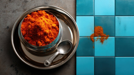 An enticing view of a spice jar filled with vibrant orange paprika alongside turquoise tiles, perfect for culinary-themed projects and designs.の素材