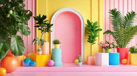 A vibrant indoor garden scene featuring colorful plants and decorative elements, creating a cheerful and modern aesthetic. Perfect for interior design inspiration.の素材