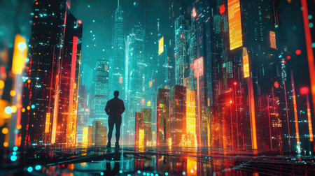 Explore a captivating futuristic cityscape at night, featuring vibrant neon lights and a silhouetted figure standing in a digital world of imagination and technology.の素材