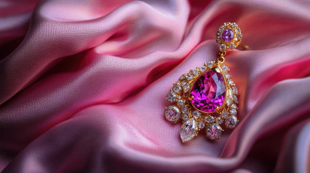This exquisite earring showcases a vibrant pink gemstone set against soft silk. Perfect for elegant occasions, it reflects luxury and timeless beauty.の素材