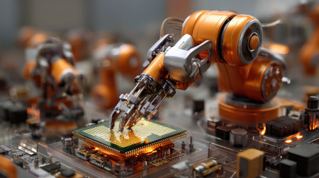 A robotic arm meticulously assembles a computer chip on a high-tech circuit board, highlighting the advancements in automation and robotics in modern manufacturing.の素材