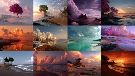 Explore a collection of stunning landscapes featuring unique trees and vibrant skies in various artful arrangements. Each scene showcases serene beauty and captivating colors.の素材