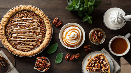 Enjoy a delectable pecan pie drizzled with caramel sauce, served with whipped cream. Perfect for autumn gatherings and festive celebrations.の素材
