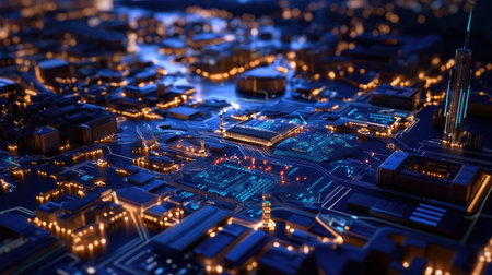 Stunning aerial view of a vibrant futuristic cityscape at night, showcasing bright neon lights and intricate details, reflecting advanced urban design and technology.の素材