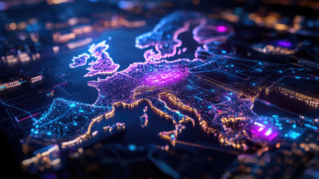 Explore a stunning digital map of Europe illuminated with vibrant neon lights, showcasing a futuristic view of urban landscapes and connectivity in a nighttime setting.の素材
