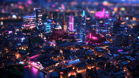A mesmerizing aerial view of a bustling city illuminated by vibrant neon lights at night, showcasing the blend of modern architecture and urban life.の素材