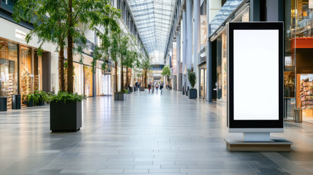A spacious modern shopping mall interior featuring an empty digital display, surrounded by greenery and elegant architecture, inviting leisurely visits.の素材