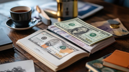 A cozy workspace featuring a stack of currency on an open notebook, accompanied by a cup of coffee. Perfect for themes of finance, planning, and productivity.の素材