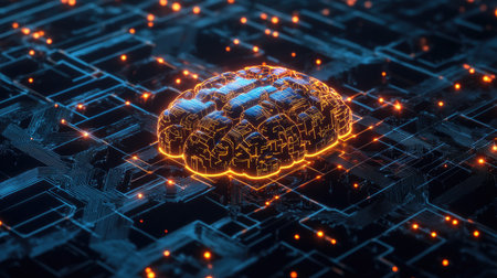 This stunning image depicts a futuristic digital brain surrounded by glowing circuitry, symbolizing innovation in technology and artificial intelligence.の素材