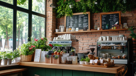 Bright and inviting coffee shop featuring lush greenery, rustic decor, and a cozy atmosphere. Perfect for enjoying a fresh beverage and snacks.の素材