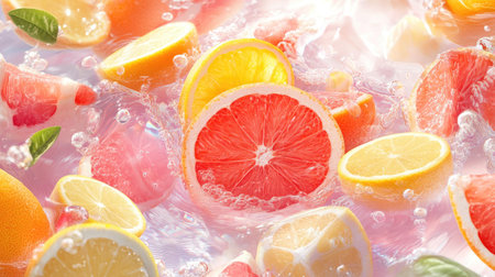 Vibrant slices of citrus fruits like lemon, lime, and grapefruit splash in clear water, creating a refreshing and colorful scene ideal for summer imagery.の素材