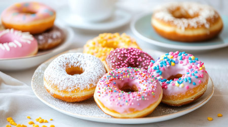 A vibrant display of assorted donuts featuring colorful frosting and sprinkles. Perfect for food photography, dessert menus, or joyful celebrations.の素材