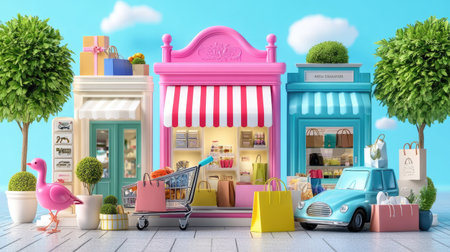 A vibrant and whimsical scene featuring colorful shopping boutiques, decorative trees, and playful elements, perfect for retail and lifestyle themes.の素材