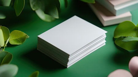 A stack of blank white cards is placed on a green surface, surrounded by fresh leaves. The scene captures a minimalistic and creative workspace, ideal for artistic presentations.の素材