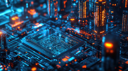 This stunning image depicts a futuristic cityscape enhanced by neon lights and intricate circuitry, creating a vibrant and dynamic visual experience that evokes technological advancement.の素材