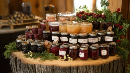 A vibrant array of assorted homemade jams and preserves displayed on a rustic wooden table. The jars are filled with colorful and delicious fruit-based spreads, perfect for adding a touch of sweetness to any meal.の素材