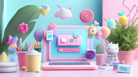 A vibrant and cheerful workspace featuring a pastel-colored desktop. The scene includes cute decor elements, stationery, plants, and playful accents, inspiring creativity.の素材