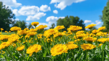 A picturesque view of vibrant yellow flowers blooming in a sunny field, set against a backdrop of blue sky and scattered clouds, showcasing nature's beauty.の素材