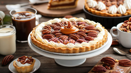 A beautifully arranged pecan pie topped with whipped cream and caramel. Accompanied by drinks and additional sweets, this setting is perfect for festive gatherings.の素材