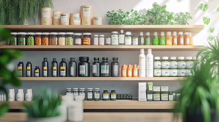 A vibrant display of natural products and supplements arranged neatly on wooden shelves in a wellness store, promoting health and vitality in a serene environment.の素材