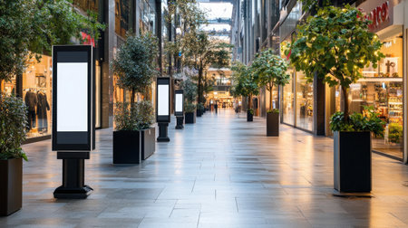 A serene view of a modern shopping mall featuring decorative planters and light panels, showcasing a stylish urban atmosphere ideal for retail exploration.の素材