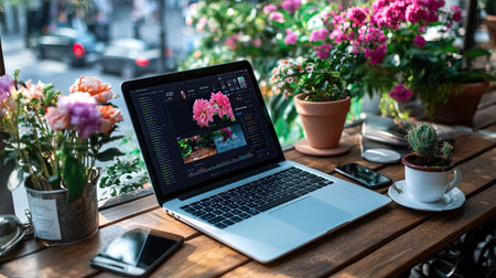 A serene workspace featuring a laptop surrounded by vibrant flowers and a coffee cup, creating an inviting atmosphere for creativity and productivity.の素材