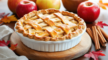 A beautifully crafted apple pie sits on a wooden board, surrounded by vibrant autumn leaves and fresh red apples, capturing the essence of seasonal baking.の素材