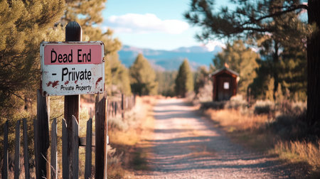 An enchanting view of a dead end sign on a private path, surrounded by nature's beauty. The tranquil atmosphere invites exploration and reflection.の素材