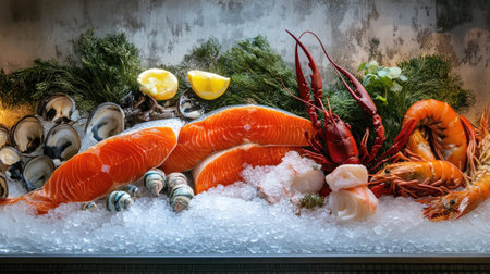 An elegant seafood platter featuring fresh salmon, succulent shellfish, and garnished with lemon and herbs, all beautifully arranged on crushed ice. Perfect for culinary enthusiasts.の素材