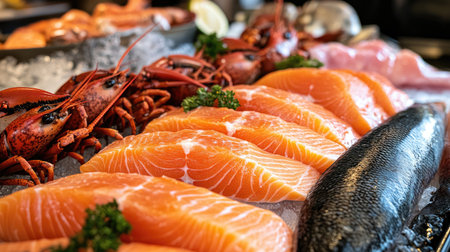 A vibrant display of fresh seafood including salmon, lobster, and various fish, elegantly arranged on ice, showcasing culinary artistry and freshness.の素材