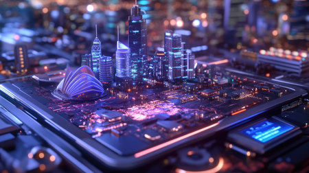 This captivating image features a futuristic cityscape displayed on a circuit board, illuminated by vibrant neon lights, showcasing modern architecture and advanced technology.の素材