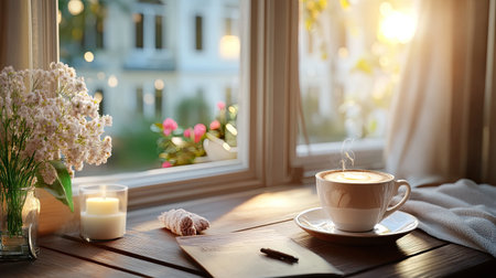 A cozy morning scene featuring a steaming cup of coffee, fresh flowers, and soft natural light illuminating a home interior, inviting relaxation and inspiration.の素材