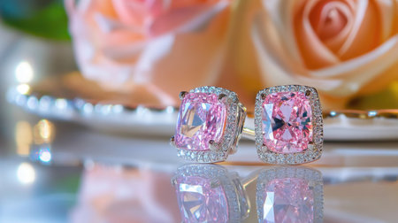 Stunning pink earrings featuring intricate designs and sparkling stones, beautifully reflecting on a surface with soft roses in the background, perfect for elegance.の素材