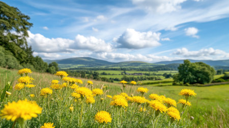 A picturesque view featuring bright yellow dandelions in a lush green field, framed by rolling hills and a beautiful blue sky with fluffy clouds.の素材