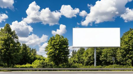 A peaceful scene featuring an empty billboard in a green landscape, surrounded by lush trees and a beautiful blue sky filled with fluffy clouds, inviting creativity.の素材