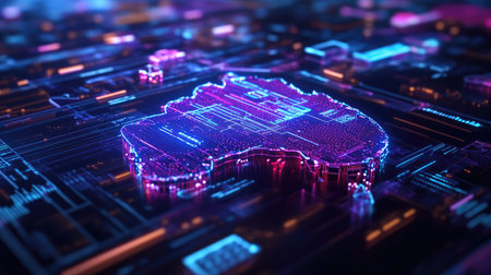 Captivating digital representation of Australia showcasing vibrant circuitry and a neon glow. This abstract design combines technology with creative visualization.の素材