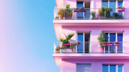 Vibrant apartment building front with colorful flower boxes and greenery against a blue sky, creating a cheerful and inviting urban atmosphere.の素材