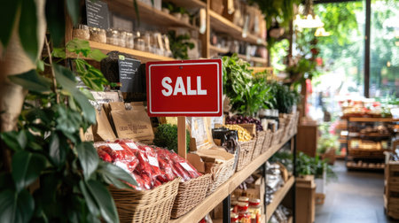 A vibrant store interior showcasing a sale sign with fresh produce and goods in rustic baskets. Green plants enhance the inviting atmosphere for shoppers.の素材