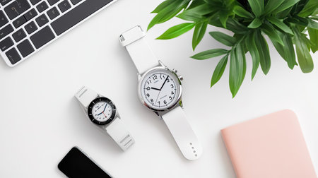 Stylish watches on a modern office desk convey elegance and efficiency. The minimalist design and fresh plant highlight productivity and aesthetic appeal.の素材