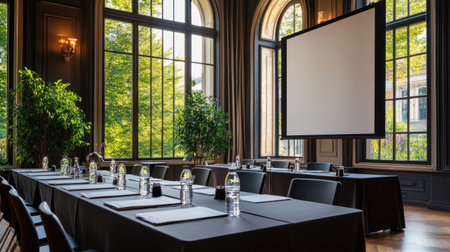 A pristine conference room featuring a long table with water bottles, chairs, and a large projection screen, surrounded by bright windows and greenery.の素材