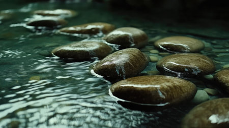 A serene close-up view of smooth stones partially submerged in clear water, depicting a peaceful environment that invites relaxation and tranquility.の素材