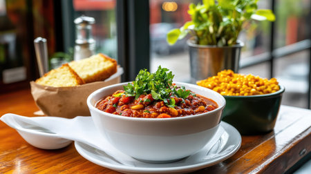 A vibrant bowl of hearty vegetarian chili garnished with fresh herbs, accompanied by cornbread and a side of corn, perfect for cozy dining moments.の素材