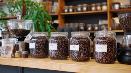 A collection of glass jars filled with various types of coffee beans displayed in a beautifully designed coffee shop, promoting freshness and flavor.の素材