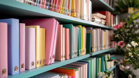 A visually striking display of colorful binders on shelves creates an organized and inviting workspace, filled with vibrant colors and decorative elements for inspiration.の素材
