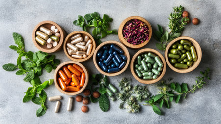 A vibrant flat lay showcasing colorful natural supplements nestled in wooden bowls, surrounded by fresh herbs. Perfect for health and wellness themes.の素材
